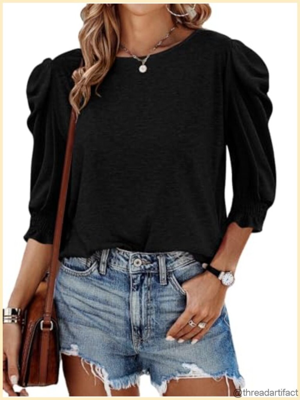 Womens 3/4 Sleeve Puff Sleeve Tunic Blouse Smocked Cuffs Dressy Casual Top